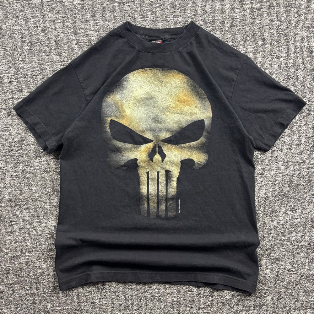 Y2K Mad Engine Marvel Punisher Skull Graphic T-Shirt Black Medium Movie Promo
